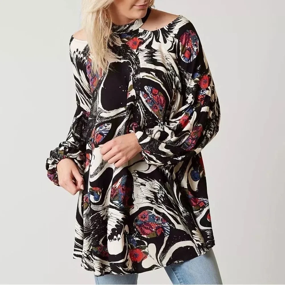 Free People Drift Away Print Cold Shoulder Tunic Dress Small